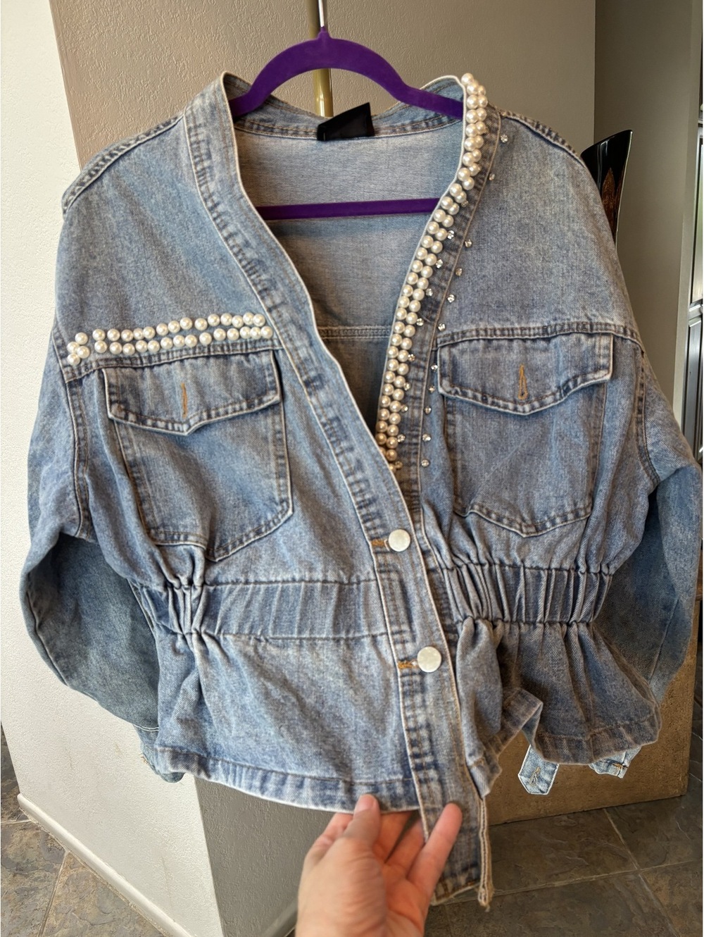 The Moon Embellished denim jacket, open deep v, elastic cinch Size L